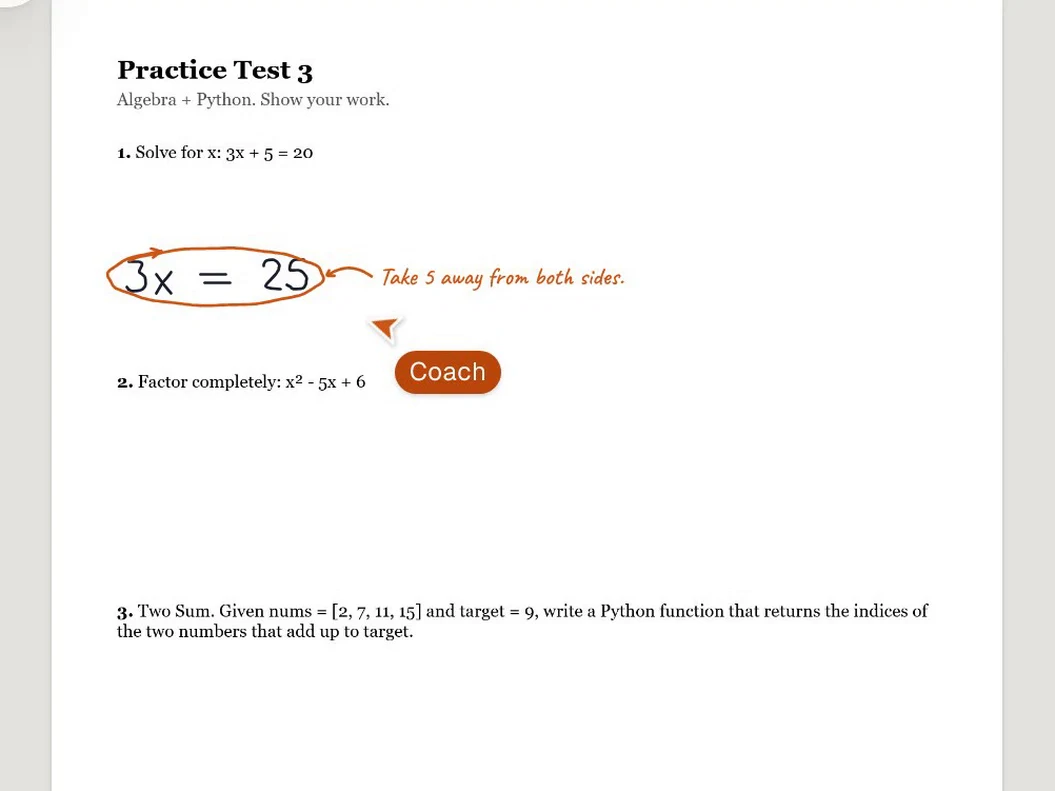 A homework PDF, Practice Test 3. Under question 1 the student wrote 3x = 25; the coach circled it in orange and wrote beside it in its handwriting: Take 5 away from both sides.