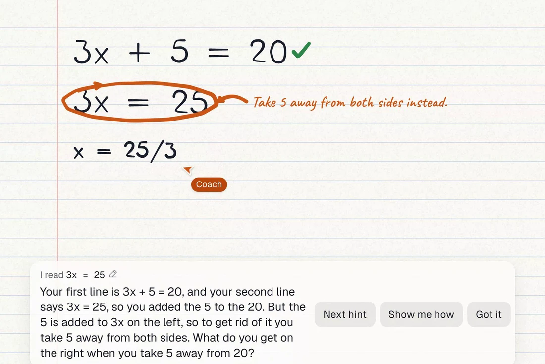 The line 3x = 25 circled in orange with the coach's handwritten note: Take 5 away from both sides instead. Below, it explains that the 5 went onto the 20 and asks what is left on the right.